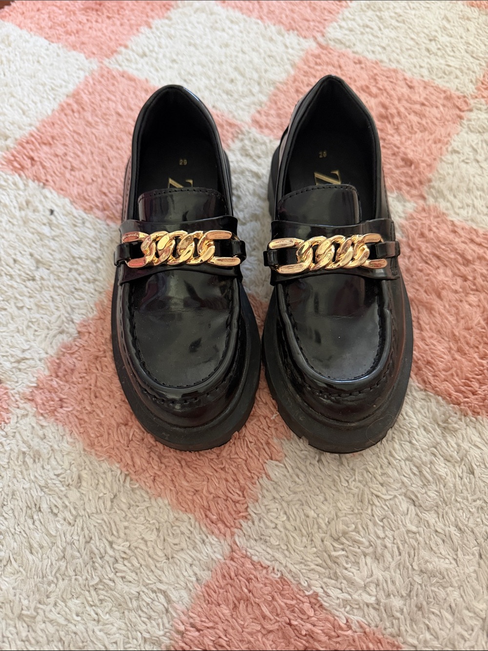 Zara Black Patent Loafers with Gold Chain Accent - Kids